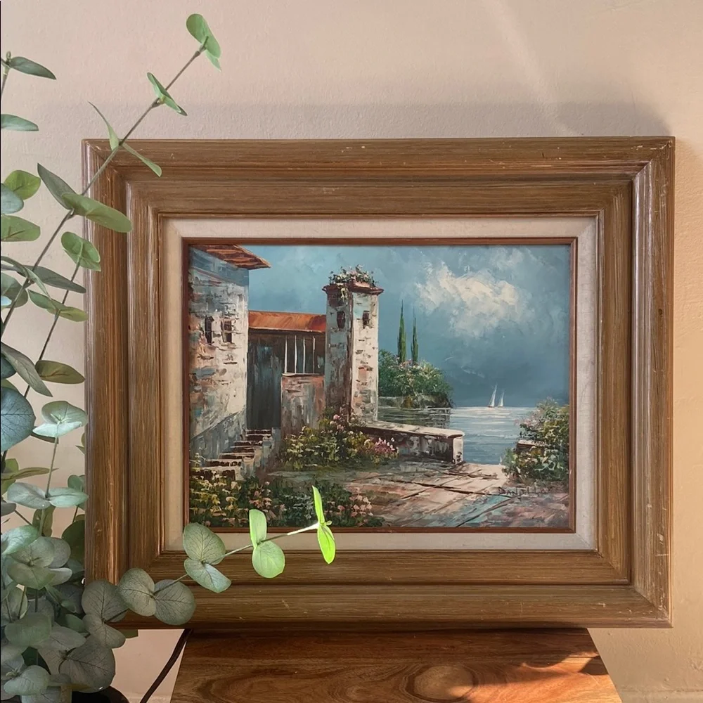Original D'Aniello Italian Coastal Oil Painting Framed Canvas Seascape Villa